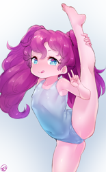 Size: 829x1336 | Tagged: questionable, artist:born-to-die, pinkie pie, alternate hairstyle, banned from derpibooru, child, clothes, equestria girls, female, flexible, gradient background, holding legs, human, humanized, imported from twibooru, leotard, lolicon, looking at you, peace sign, pigtails, raised leg, smiling, solo, solo female, tongue out, twintails, underage, vertical split, young, younger