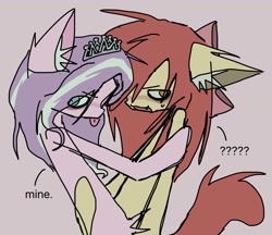 Size: 1274x1101 | Tagged: safe, artist:mokywow, apple bloom, diamond tiara, apple bloom's bow, blushing, bow, chest fluff, clinging, duo, duo female, ear fluff, earth pony, female, filly, foal, g4, hair bow, imported from derpibooru, jewelry, lesbian, looking away, pony, ship:diamondbloom, shipping, tiara, tongue out