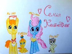 Size: 1280x957 | Tagged: safe, artist:lubamatusevich, baby, bow, bowtie, brother and sister, cake family, cake twins, carrot cake, colt, cup cake, cute, cute cake, cyrillic, earth pony, family, father and child, father and daughter, father and son, female, filly, foal, g4, hair bow, happy, hat, heart, horn, husband and wife, imported from derpibooru, looking at you, male, mare, mother and child, mother and daughter, mother and son, pegasus, pony, pound cake, poundabetes, pumpkin cake, pumpkinbetes, russian, siblings, smiling, smiling at you, stallion, traditional art, twins, unicorn, young