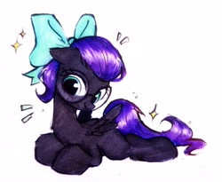 Size: 2731x2236 | Tagged: safe, artist:liaaqila, oc, oc:nyx, fanfic:variance: honey, alicorn, bangs, bow, cute, disguise, fanfic art, female, filly, foal, g4, glasses, imported from derpibooru, lying down, oc only, outfit, pegasus, pony, purple hair, simple background, smiling, solo, sparkles, story included, teal, traditional art, turquoise eyes, white background