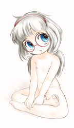 Size: 1158x2016 | Tagged: explicit, artist:pestil, oc, oc:sphee, banned from derpibooru, barefoot, child, feet, female, glasses, headband, human, humanized, imported from twibooru, lolicon, nipples, nudity, oc only, simple background, underage, white background