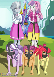 Size: 724x1023 | Tagged: questionable, artist:the-dark-mangaka, apple bloom, diamond tiara, scootaloo, silver spoon, sweetie belle, banned from derpibooru, bloomsub, blushing, bondage mask, breasts, buttplug, clothed female nude female, diamondsub tiara, embarrassed, embarrassed nude exposure, equestria girls, exhibitionism, female, femdom, femsub, humiliation, imported from twibooru, leash, lolicon, nudity, pet play, public humiliation, public nudity, scootasub, sex toy, silverdom, submissive, sweetiedom, twilight's castle, underage