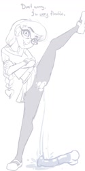 Size: 849x1697 | Tagged: explicit, artist:moronsonofboron, silver spoon, banned from derpibooru, clothes, crossed arms, dialogue, dildo, female, glasses, horsecock dildo, human, humanized, imported from twibooru, leggings, lolicon, sex toy, simple background, solo, solo female, splits, torn clothes, underage, vaginal secretions, vertical split, white background