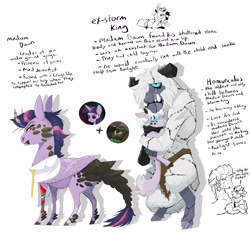 Size: 1920x1789 | Tagged: safe, artist:sandieflower, tempest shadow, oc, oc:homunculus, alicorn, colored sclera, colt, cragadile, crocodile, fangs, female, fizzlepop berrytwist, foal, g4, horn, hybrid, imported from derpibooru, interspecies offspring, male, mare, mean twilight sparkle, offspring, parent:mean twilight sparkle, parent:storm king, pony, simple background, stitched body, storm king, text, unicorn, white background, yellow sclera, yeti