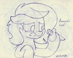 Size: 1302x1042 | Tagged: safe, artist:unitxxvii, oc, oc:filly anon, avocado, earth pony, female, filly, floppy ears, foal, food, frown, imported from derpibooru, knife, monochrome, oc only, pen drawing, pony, solo, text, traditional art, whoops