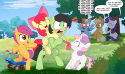 Size: 2564x1532 | Tagged: safe, applejack, rainbow dash, rarity, scootaloo, sweetie belle, oc, oc:anon stallion, applejack's hat, blush lines, blushing, blushing profusely, bush, choking hazard, clothes, cloud, cowboy hat, earth pony, emanata, excited, eyelashes, female, filly, flower, foal, g4, giggling, grass, happy, hat, horn, imported from derpibooru, laughing, male, mare, nature, necktie, outdoors, pegasus, piggyback ride, playing, pony, ponytail, raised hoof, scooter, shade, shirtless shirt collar, sitting, sky, southern accent, speech bubble, spread wings, stallion, text, thought bubble, tree, two toned mane, unicorn, wingboner, wings