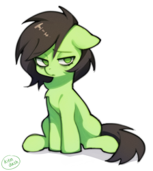 Size: 1286x1436 | Tagged: safe, artist:kitindash, oc, oc:filly anon, earth pony, female, filly, floppy ears, foal, imported from derpibooru, lidded eyes, one ear down, pony, simple background, sitting