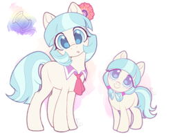 Size: 3272x2595 | Tagged: safe, artist:meteor s, :o, bangs, big eyes, bobcut, coco pommel, cocobetes, cute, earth pony, eyelashes, female, filly, filly coco pommel, flower, foal, full body, g4, hair accessory, head tilt, imported from derpibooru, looking at you, mare, missing cutie mark, open mouth, pony, self paradox, self ponidox, shirtless shirt collar, short hair, signature, solo, two toned mane, watermark, younger