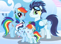 Size: 1909x1385 | Tagged: safe, artist:sunflower3565, rainbow dash, oc, oc:cyclone, oc:rainbow cloud, female, filly, foal, g4, imported from derpibooru, male, mare, offspring, parent:rainbow dash, parent:soarin', parents:soarindash, pegasus, pony, ship:soarindash, shipping, siblings, soarin', stallion, straight, twins