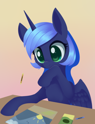 Size: 1422x1860 | Tagged: safe, artist:dusthiel, princess luna, alicorn, big eyes, coloring, crayon, cute, drawing, eyelashes, feather, feathered wings, female, filly, filly luna, foal, g4, gradient background, hoof on chin, imported from derpibooru, magic, mare, mountain, picture, pony, quadrupedal, s1 luna, sitting, solo, sun, table, telekinesis, thinking, wings, woona, young luna, younger