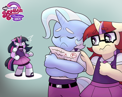 Size: 2489x1991 | Tagged: safe, artist:xconito, twilight sparkle, alternate universe, anthro, clothes, colt trixie, cross-popping veins, emanata, female, filly, filly moondancer, filly twilight sparkle, foal, frown, g4, grades, horn, horn ring, imported from derpibooru, lesbian, magic suppression, male, moondancer, my little sombra: resistance is magic, necktie, pre-transition, ring, rule 63, school uniform, ship:trickdancer, shipping, trans trixie, transgender, trio, tristan, trixie, unguligrade anthro, unicorn, unicorn twilight, uniform, younger