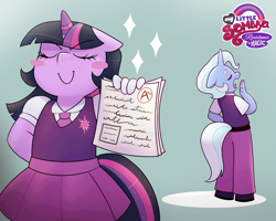 Size: 2489x1991 | Tagged: safe, artist:xconito, twilight sparkle, alternate universe, anthro, blushing, clothes, colt trixie, duo, eyebrows, eyebrows visible through hair, female, filly, filly twilight sparkle, foal, g4, grades, horn, horn ring, imported from derpibooru, magic suppression, male, my little sombra: resistance is magic, necktie, pre-transition, ring, rule 63, school uniform, skirt, smiling, trans trixie, transgender, tristan, trixie, unguligrade anthro, unicorn, unicorn twilight, uniform, yawn, younger