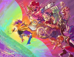 Size: 1440x1113 | Tagged: safe, artist:davidsunrise, fluttershy, queen chrysalis, rarity, spike, starlight glimmer, antonymph, bon bon, bonnie (vylet pony), chainsaw, changeling, changeling queen, clothes, computer, cutiemarks (and the things that bind us), derpy hooves, dragon, ear piercing, earring, earth pony, female, filly, fluttgirshy, foal, g4, gender headcanon, gilda, gir, glasses, griffon, harper, honeymoon phase, horn, how to kill a monster, hug, i don't need to be fixed, imported from derpibooru, invader zim, isometrica, jeans, jewelry, laptop computer, lesbian, lesbian ponies with weapons, lip piercing, lyra heartstrings, male, mare, maud pie, microphone, nonbinary, nonbinary spike, nonexistent meet-cute [idlyam], pants, pegasus, piercing, pony, protagonist syndrome, ripped jeans, ripped pants, sharp teeth, ship:derpmaud, ship:lyrabon, shipping, shoes, skateboard, smiling, snake bites, sneakers, stallion, sunburst, sweetie drops, syndicate, teeth, torn clothes, unicorn, vylet pony, wayfarer