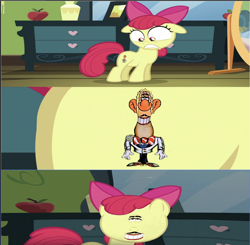 Size: 1542x1510 | Tagged: safe, apple bloom, agent 00x, apple bloom's cutie mark, bloom & gloom, earth pony, edit, edited screencap, exploitable meme, face swap, female, filly, foal, g4, human, imported from derpibooru, indoors, meme, my little pony: friendship is magic, photoshop, screencap, season 5, the adventures of captain wrongel