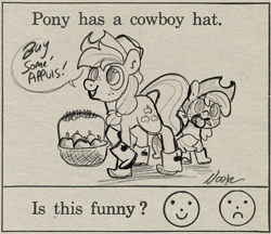 Size: 736x636 | Tagged: safe, artist:nootaz, apple bloom, applejack, apple, apple basket, apple in mouth, basket, boots, crossed legs, dialogue, duo, earth pony, female, filly, foal, food, frowny face, g4, galoshes, hat, imported from derpibooru, mare, meme, open mouth, open smile, ponified meme, shoes, smiley face, smiling, speech bubble, text