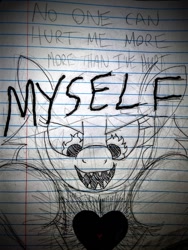 Size: 667x889 | Tagged: safe, artist:dhm, oc, oc:filly anon, angst, aura, edgy, emo, emotional, female, filly, fire, flame eyes, foal, heart, imported from derpibooru, lined paper, marker drawing, mental illness, ow the edge, pencil drawing, pony, self harm, self loathing, sharp teeth, solo, suffering, teeth, torture, traditional art, vent art, wingding eyes