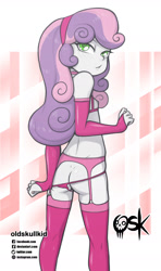 Size: 1053x1780 | Tagged: questionable, artist:oldskullkid, sweetie belle, banned from derpibooru, butt, child, clothes, equestria girls, female, from behind, garter belt, human, imported from twibooru, lingerie, lolicon, looking back, panties, solo, solo female, stockings, sweetie butt, thigh highs, thong, underage, underwear, young
