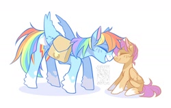 Size: 1440x908 | Tagged: safe, artist:lovely.brew, rainbow dash, scootaloo, alternate cutie mark, bag, blaze (coat marking), blush lines, blushing, coat markings, crouching, cute, duo, duo female, eyelashes, eyes closed, facial markings, feather, feathered fetlocks, feathered wings, female, filly, foal, folded wings, found family, g4, imported from derpibooru, leaning down, lightning, mare, multicolored hair, nose to nose, nuzzling, pegasus, pony, rainbow hair, saddle bag, scene interpretation, scootalove, short mane, sibling love, siblings, simple background, sisterly love, sisters, sitting, small wings, smiling, tomboy, torn ear, unshorn fetlocks, watermark, white background, wholesome, wide smile, wings