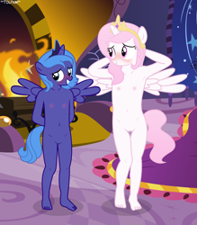 Size: 2516x2872 | Tagged: explicit, artist:tolpain, princess celestia, princess luna, anthro, banned from derpibooru, blushing, breasts, casual nudity, cewestia, complete nudity, feet, female, imported from twibooru, lolicon, nudity, partial nudity, royal sisters, siblings, underage, vulva, woona, young, younger