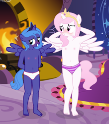 Size: 2516x2872 | Tagged: questionable, artist:tolpain, princess celestia, princess luna, anthro, banned from derpibooru, blushing, cewestia, clothes, feet, female, imported from twibooru, lolicon, nudity, panties, partial nudity, royal sisters, siblings, topless, underage, underwear, woona, young, younger