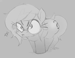 Size: 927x720 | Tagged: safe, artist:bagegale, oc, oc:filly anon, angry, blushing, cross-popping veins, earth pony, emanata, eyelashes, female, filly, foal, imported from derpibooru, large butt, looking at you, monochrome, oc only, pony, scrunchy face, simple background, sketch, solo, wide hips