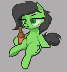 Size: 1208x1290 | Tagged: safe, artist:bagegale, oc, oc:filly anon, bottle, earth pony, female, filly, foal, gray background, imported from derpibooru, lidded eyes, oc only, pony, simple background, sitting, solo