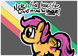 Size: 2048x1472 | Tagged: safe, artist:feenadot, artist:hp-feencraft, scootaloo, 2026, black text, cute, determined, determined face, determined look, determined smile, disability pride, disability pride flag, disability pride month, disabled, eye shimmer, eyelashes, female, filly, flapping wings, foal, furrowed brow, g4, imported from derpibooru, looking up, motivation, motivational, motivational poster, pride, pride flag, pride flag background, sketch, smiling, solo, text, wholesome, wings