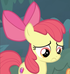 Size: 760x802 | Tagged: safe, apple bloom, bow, cropped, earth pony, female, filly, foal, frown, g4, hair bow, imported from derpibooru, my little pony: friendship is magic, pony, sad, sadbloom, screencap, season 9, solo, the big mac question, the cmc's cutie marks