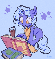 Size: 1475x1586 | Tagged: safe, artist:pastacrylic, oc, amogus, among us, blue coat, book, chocolate, chocolate milk, clothes, female, filly, foal, horn, imported from derpibooru, meme, milk, oc only, reading, scarf, sitting, solo, straw, unicorn, unicorn oc
