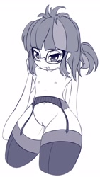 Size: 1800x3200 | Tagged: explicit, artist:an-m, twilight sparkle, armpits, banned from derpibooru, blushing, clothes, dripping, equestria girls, female, garter belt, glasses, human, imported from twibooru, lab coat, lolicon, looking at you, nipples, nudity, sci-twi, socks, underage, vulva