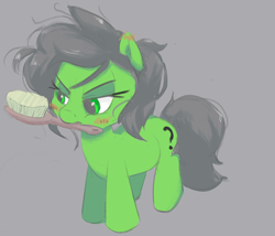 Size: 4243x3626 | Tagged: safe, artist:bagegale, oc, oc:filly anon, blushing, brush, ear blush, earth pony, female, filly, foal, imported from derpibooru, looking away, mouth hold, oc only, pony, simple background, solo