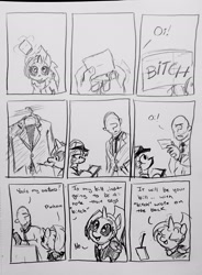 Size: 2126x2892 | Tagged: safe, artist:pony quarantine, oc, oc:anon, oc:dyx, series:pq funnies, alicorn, clothes, comic, comic strip, earth pony, female, filly, foal, grayscale, human, imported from derpibooru, male, mare, monochrome, oc only, pencil drawing, pony, suit, traditional art, vulgar, waitress