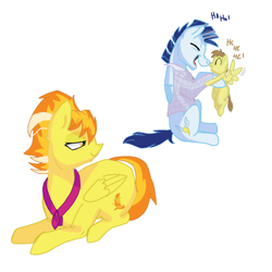 Size: 1000x1000 | Tagged: safe, artist:raqueliarts, oc, oc:sunstreak, ascot, baby, bags under eyes, boop, brown mane, cheek fluff, clothes, colored text, colt, digital art, exclamation point, eyelashes, eyes closed, family, father, father and child, father and son, female, flapping wings, foal, folded wings, g4, giggling, graying hair, happy, holding, holding a pony, imported from derpibooru, laughing, lidded eyes, looking at each other, looking at someone, looking back, lying down, male, mare, married couple, married life, mohawk, momfire, mother, mother and child, mother and son, next generation, noseboop, offspring, older soarin', older spitfire, parent:soarin', parent:spitfire, parents:soarinfire, partially open wings, pegasus, pony, prone, relaxing, retirement, ship:soarinfire, shipping, shirt, short hair, simple background, sitting, smiling, smiling at each other, soarin', spanish description, spitfire, stallion, straight, tail, text, three toned mane, touching noses, translated in the description, trio, two toned tail, wall of tags, white background, wings, wrinkled nose, yellow coat