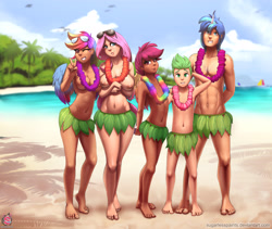 Size: 2800x2359 | Tagged: questionable, artist:sugarlesspaints, fluttershy, rainbow dash, scootaloo, shining armor, spike, alternate version, banned from derpibooru, beach, breasts, clothes, female, grass skirt, horn, horned humanization, human, humanized, imported from twibooru, lei, lolicon, looking at you, male, ocean, partial nudity, skirt, sunglasses, topless, underage, winged humanization, wings