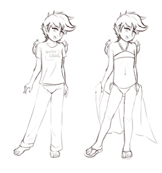 Size: 1538x1644 | Tagged: questionable, artist:sugarlesspaints, scootaloo, banned from derpibooru, bikini, clothes, grayscale, human, humanized, imported from twibooru, lolicon, looking at you, monochrome, pajamas, simple background, solo, swimsuit, towel, underage, white background, winged humanization, wings