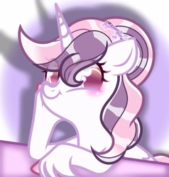 Size: 2433x2560 | Tagged: safe, artist:lightningsparkle95, oc, oc:sweetieck dreams, blushing, cute, digital art, eye clipping through hair, eyelashes, female, filly, foal, g4, grin, hoof on chin, horn, imported from derpibooru, leaning, looking at you, mare, not sweetie belle, oc only, pony, sitting, smiling, smiling at you, solo, stars, table, tail, teenager, two toned mane, two toned tail, unicorn, unicorn horn, unshorn fetlocks, watermark