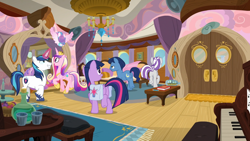 Size: 1920x1080 | Tagged: safe, princess flurry heart, shining armor, twilight sparkle, alicorn, bag, female, filly, foal, g4, glowing, glowing horn, horn, imported from derpibooru, magic, male, mare, my little pony: friendship is magic, night light, once upon a zeppelin, pony, princess cadance, saddle bag, screencap, season 7, stallion, telekinesis, twilight velvet, unicorn