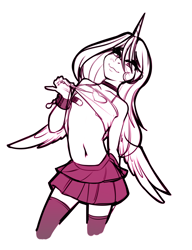 Size: 1113x1451 | Tagged: suggestive, artist:sugarlesspaints, princess celestia, bandaid, banned from derpibooru, choker, clothes, female, flashing, horn, horned humanization, human, humanized, imported from twibooru, lolicon, looking at you, monochrome, pasties, shirt, simple background, skirt, socks, solo, solo female, thigh highs, underage, white background, winged humanization, wings, wristband, younger