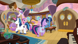 Size: 1920x1080 | Tagged: safe, princess flurry heart, shining armor, twilight sparkle, alicorn, bag, female, filly, foal, g4, glowing, glowing horn, horn, imported from derpibooru, magic, male, mare, my little pony: friendship is magic, night light, once upon a zeppelin, pony, princess cadance, saddle bag, screencap, season 7, stallion, telekinesis, twilight velvet, unicorn