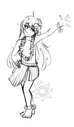 Size: 913x1560 | Tagged: questionable, artist:sugarlesspaints, princess luna, anklet, banned from derpibooru, clothes, female, flower, flower in hair, flower necklace, grass skirt, grayscale, hula, human, humanized, imported from twibooru, lolicon, monochrome, partial nudity, simple background, skirt, solo, solo female, strategically covered, topless, underage, white background, wristband, younger