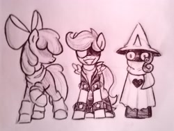 Size: 2646x1985 | Tagged: safe, artist:mandalina, apple bloom, scootaloo, sweetie belle, bow, cutie mark crusaders, deltarune, earth pony, female, filly, foal, g4, hair bow, hat, horn, imported from derpibooru, looking at you, parody, pegasus, raised hoof, smiling, smiling at you, spread wings, unicorn, wings