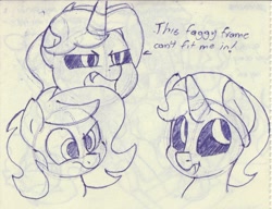 Size: 1312x1009 | Tagged: safe, artist:unitxxvii, oc, oc:dyx, oc:filly anon, oc:nyx, alicorn, alicorn oc, bust, dialogue, earth pony, female, filly, foal, horn, imported from derpibooru, monochrome, oc only, pen drawing, pony, traditional art, trio, trio female, vulgar, wingless, wingless alicorn, wings