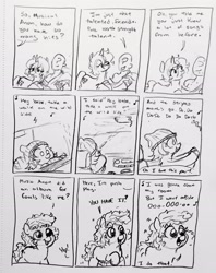 Size: 2296x2893 | Tagged: safe, artist:pony quarantine, oc, oc:anon, series:pq funnies, cap, car, comic, comic strip, dialogue, driving, earth pony, female, filly, foal, grayscale, hat, horn, human, imported from derpibooru, lidded eyes, lying, male, mare, monochrome, music notes, oc only, offscreen character, pencil drawing, ponies driving cars, pony, radio, traditional art, unicorn, vehicle