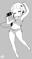 Size: 736x1356 | Tagged: suggestive, artist:born-to-die, banned from derpibooru, belly button, cellphone, child, clothes, equestria girls, eyes closed, headphones, human, imported from twibooru, listening to music, lolicon, monochrome, phone, short hair, shorts, sketch, sunny flare, underage, young, younger