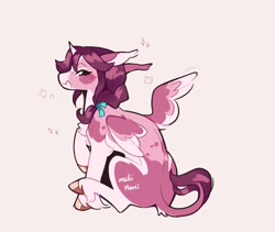 Size: 1280x1080 | Tagged: safe, artist:maliikorii, oc, oc:jin-ae, alicorn, blushing, emanata, female, filly, foal, imported from derpibooru, k-pop demon hunters, leonine tail, looking at you, looking back, looking back at you, oc only, open mouth, open smile, partially open wings, ponified, ponified oc, pony, simple background, sitting, smiling, solo, tail, white background, wings