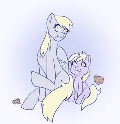 Size: 1986x2048 | Tagged: safe, artist:p34chy_keen, blank flank, cookie, derpy hooves, dinky hooves, duo, duo female, eating, equestria's best daughter, equestria's best mother, female, filly, foal, food, g4, horn, imported from derpibooru, looking at each other, looking at someone, mare, missing cutie mark, mother and child, mother and daughter, pegasus, pony, sitting, unicorn, watermark, wholesome, wings