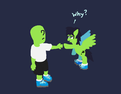 Size: 892x694 | Tagged: safe, oc, oc:anon, oc:filly anon, anonymous artist, child, clothes, dialogue, duo, duo male and female, female, filly, foal, frown, g4, human, imported from derpibooru, lineless, looking at each other, looking at someone, male, oc only, open frown, open mouth, outstretched hoof, pegasus, pony, reaching, self paradox, self ponidox, shoes, simple background, why, younger