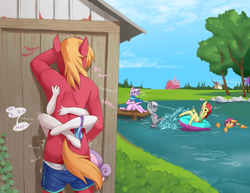 Size: 3300x2550 | Tagged: explicit, artist:fearingfun, apple bloom, diamond tiara, scootaloo, silver spoon, sweetie belle, ambiguous penetration, anthro, banned from derpibooru, big mcintosh, earth pony, exhibitionism, female, imported from twibooru, leg lock, lolicon, male, obscured penetration, outdoor sex, outdoors, pegasus, pond, public, public sex, sex, shipping, softcore, stealth sex, straight, sweetiemac, thrill of almost being caught, underage, unicorn
