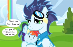 Size: 2082x1360 | Tagged: safe, artist:sunflower3565, oc, oc:rainbow cloud, father and child, father and daughter, female, filly, foal, g4, imported from derpibooru, male, offspring, outdoors, parent:rainbow dash, parent:soarin', parents:soarindash, pegasus, pony, soarin', stallion