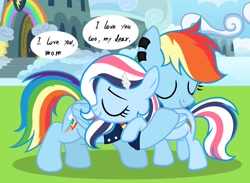 Size: 1790x1313 | Tagged: safe, artist:sunflower3565, rainbow dash, oc, oc:cyclone, female, filly, foal, g4, imported from derpibooru, mare, mother and child, mother and daughter, offspring, outdoors, parent:rainbow dash, parent:soarin', parents:soarindash, pegasus, pony